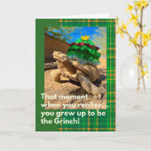 Grappige en feestelijke Grinch Sulcata schildpad v Kaart (Gele Bloem)