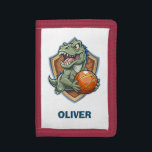 Grappige en grappige dinosaurus die basketbal spee drievoud portemonnee<br><div class="desc">Deze gepersonaliseerde portemonnee van kinderen is voorzien van een grappige en enge trex dinosaurus die basketbal speelt.</div>