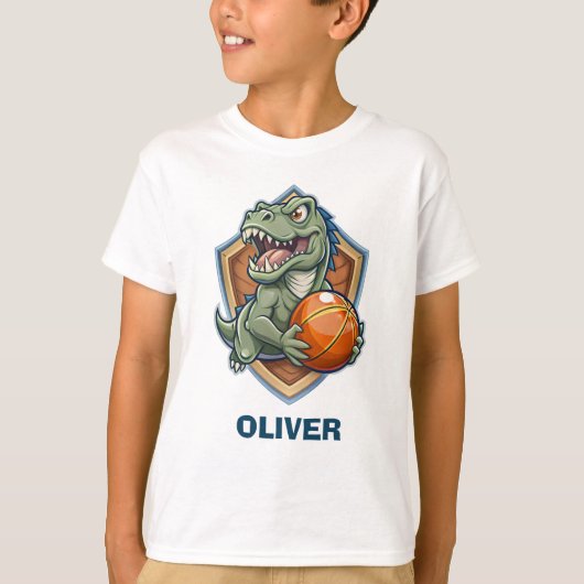 Grappige en grappige dinosaurus die basketbal spee t-shirt (Voorkant)