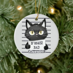 Grappige en Leuke Zwarte Kat Mugshot Keramisch Ornament