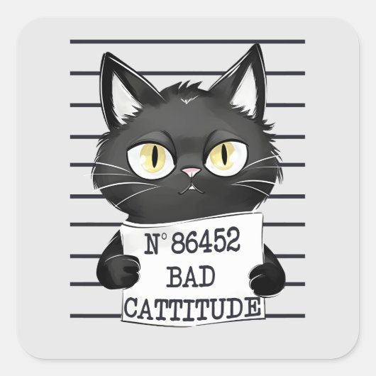 Grappige en Leuke Zwarte Kat Mugshot Vierkante Sticker (Voorkant)