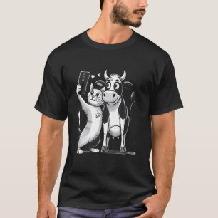 Grappige en Schattige Kat en Koe Selfie Design voo T-shirt