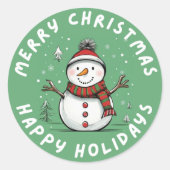 Grappige en speelse kerstvakantie sneeuwman ronde sticker (Voorkant)