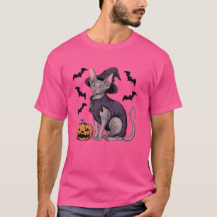 Grappige enge pompoen vleermuis heks Sphynx kat Ha T-shirt