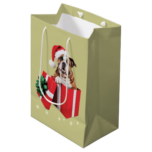 Grappige Engelse Bulldog Hond Kerstboom Lichtjes Medium Cadeauzakje (Voorkant Gekanteld)