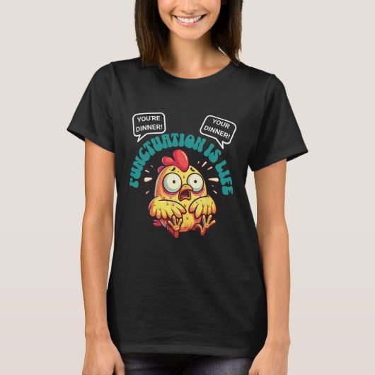 Grappige Engelse grammatica-problemen kip interpun T-shirt (Voorkant)