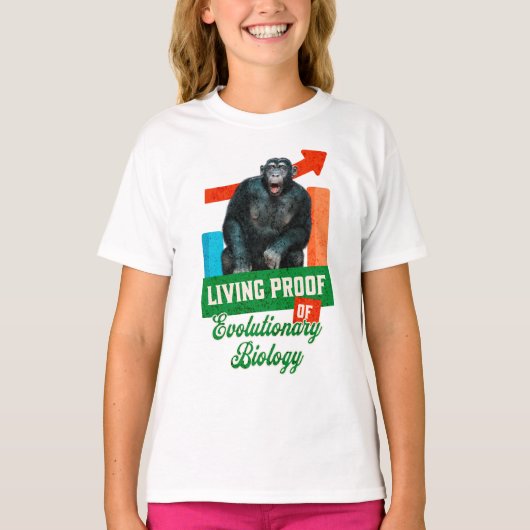 Grappige evolutionaire biologie chimpansee humor t-shirt (Voorkant)