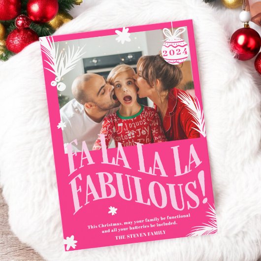 Grappige Fa La La La Fabulous Roze kerstfoto Feestdagenkaart
