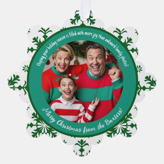 Grappige familiefoto met vreugde en groen patroon ornament kaart (Voorkant)