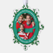 Grappige familiefoto met vreugde en groen patroon ornament kaart (Links)