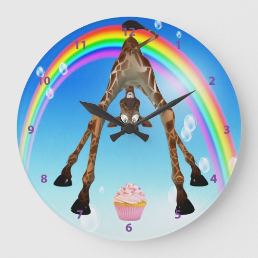 Grappige fantastisch giraffe met cupcake & regenbo grote klok (Voorkant)