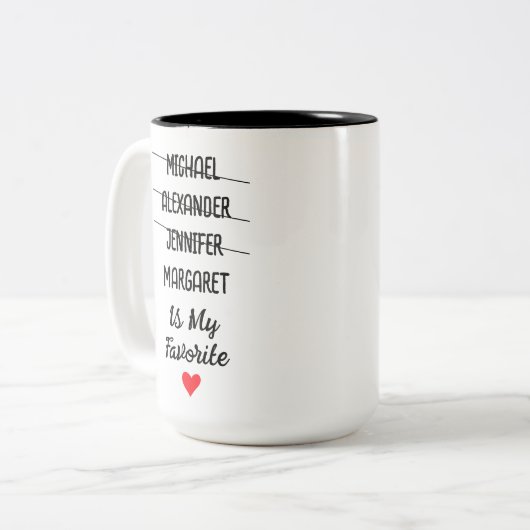 Grappige favoriete kind Mok met 4 aangepaste namen (Voorkant links)