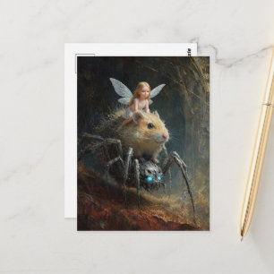 Grappige fee rijdt op een hamster die op een spin briefkaart