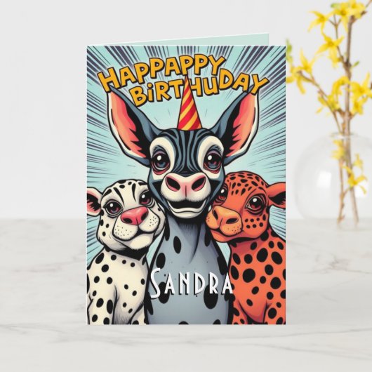 Grappige feestbeesten Schattige Happy Birthday Kaart (Gele Bloem)