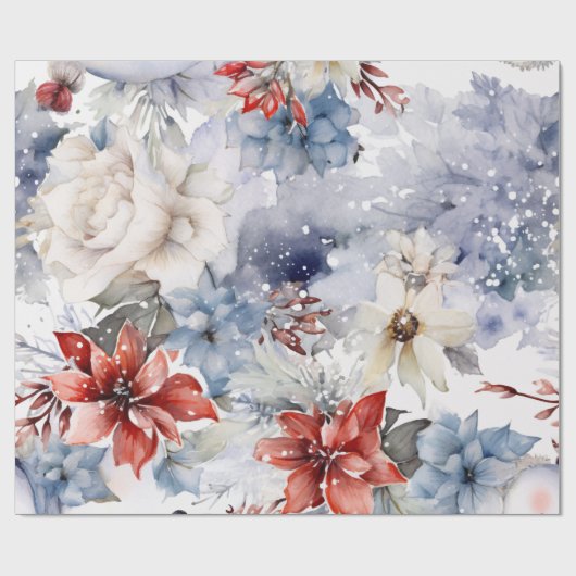 Grappige feestelijke  besneeuwde kerstbloemen cadeaupapier (Vlak)