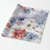 Grappige feestelijke  besneeuwde kerstbloemen cadeaupapier (Uitgerold)