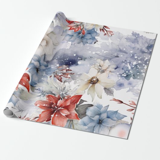 Grappige feestelijke  besneeuwde kerstbloemen cadeaupapier (Uitgerold)