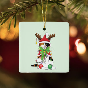 Grappige Feestelijke Groene Calico Kerstkat Keramisch Ornament