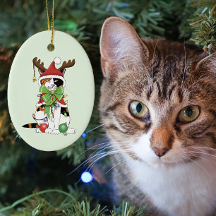Grappige Feestelijke Groene Calico Kerstkat Keramisch Ornament