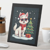 Grappige Feestelijke Zonnebril Hond met Kerstboom  Reclamebord Met Voetstuk (Insitu)
