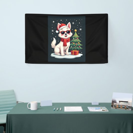 Grappige Feestelijke Zonnebril Hond met Kerstboom Spandoek (Beurs)