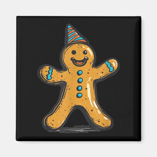 Grappige Feestvierende Gemberkoekman Met Feesthoed Magneet (Voorkant)