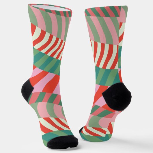 Grappige Fel Kerst Retro Rood Groen Strepen Sokken (Gebogen)