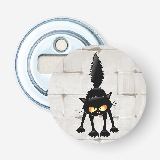 Grappige fel zwart kat cartoon  button flesopener (Voorkant)