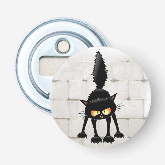 Grappige fel zwart kat cartoon  button flesopener (Voorkant)