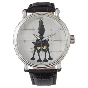 Grappige fel zwart kat cartoon horloge
