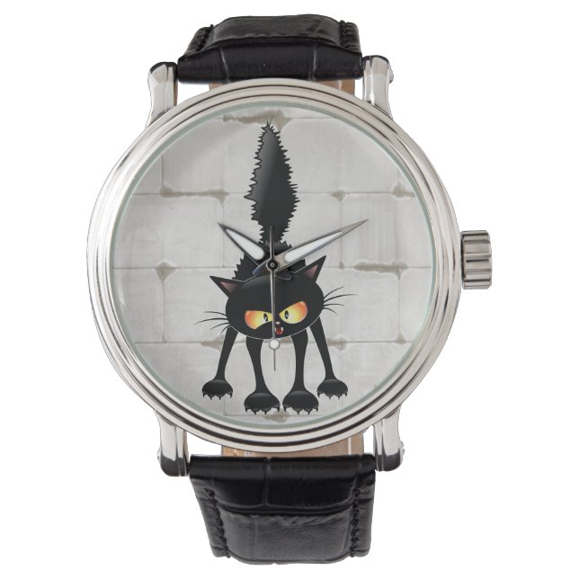 Grappige fel zwart kat cartoon  horloge (Voorkant)