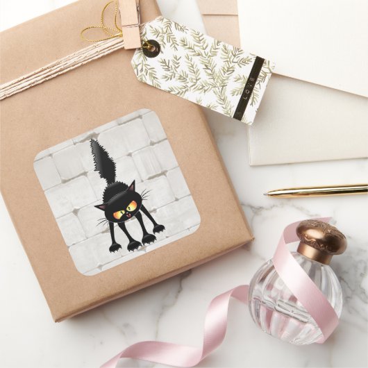 Grappige fel zwart kat cartoon vierkante sticker (Geschenken)