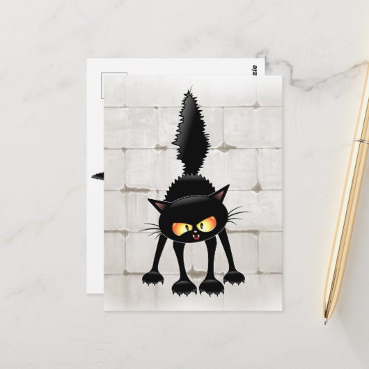 Grappige Felle Zwarte Kat Cartoon Briefkaart (Voorkant / Achterkant in situ)