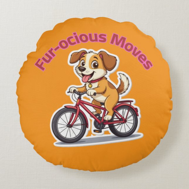 **Grappige Fietsende Hond – Cute Hond op een Fiets Rond Kussen (Voorkant)