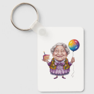 Grappige fietsende oma verjaardagsfeest kunst sleutelhanger