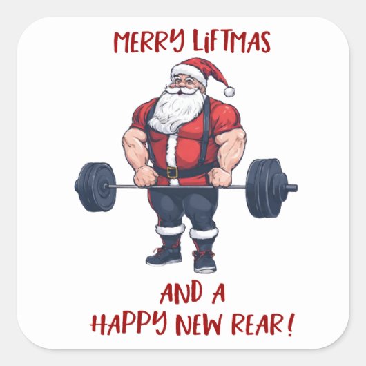 Grappige Fitness Kerst Liftmas Barbell Santa Vierkante Sticker (Voorkant)