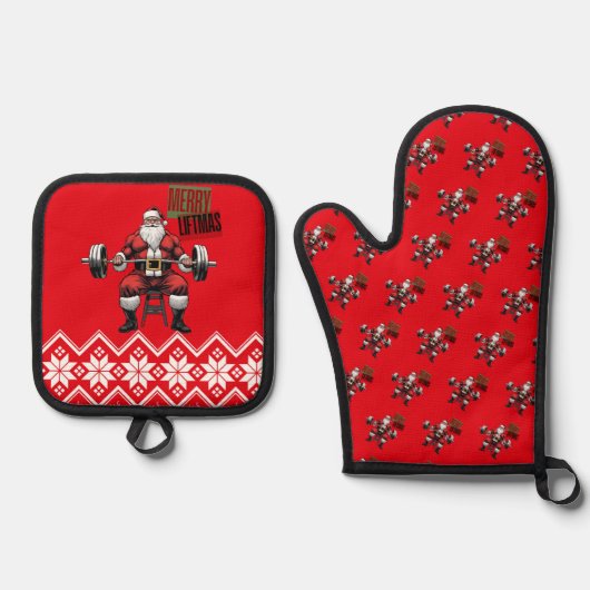 Grappige Fitness Kerstliften Barbell Santa Gym Ovenwant & Pannenlap Set (Voorkant)