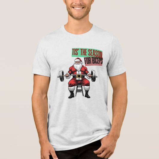 Grappige Fitness Kerstmis Bicep Curls Barbell Sant Tri-Blend Shirt (Voorkant)