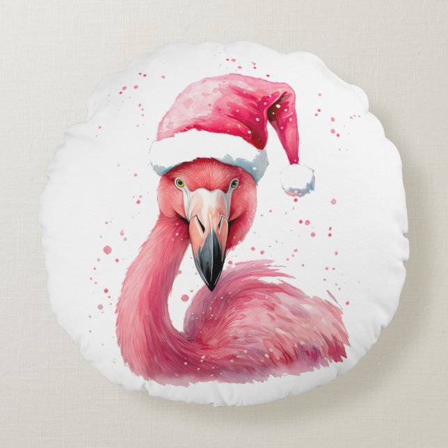 Grappige flamingo kerstmuts Vrolijk tropisch kerst Rond Kussen (Voorkant)