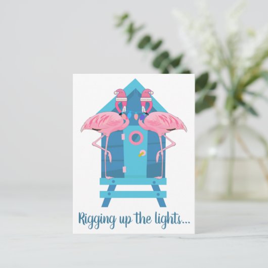 Grappige Flamingo Kerstverlichting Strandhut Briefkaart (Staand voorkant)