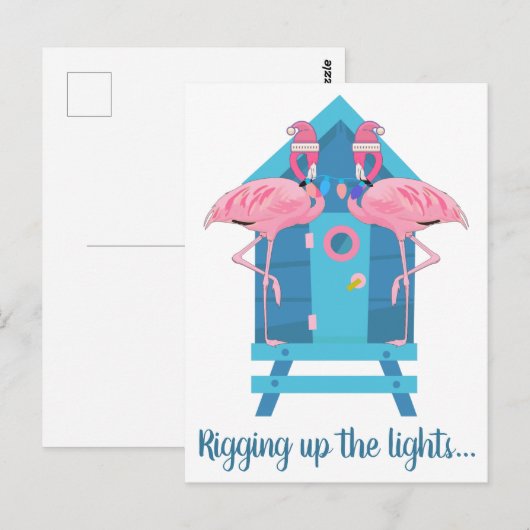 Grappige Flamingo Kerstverlichting Strandhut Briefkaart (Voorkant / Achterkant)