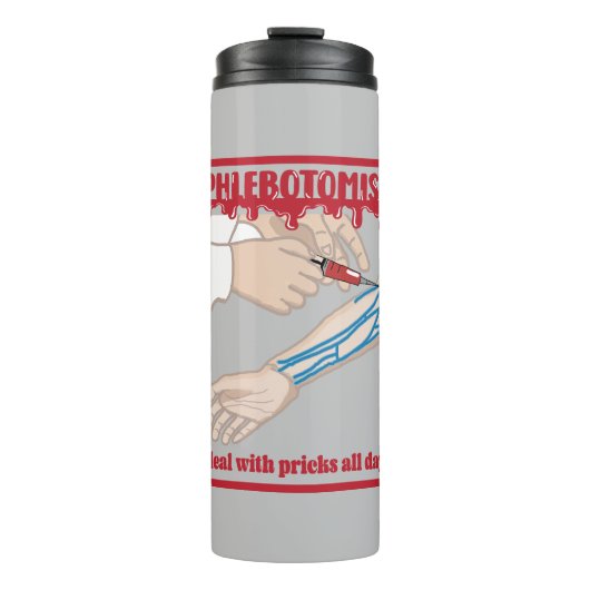 Grappige flebotomist Ik Omga met prikken Thermosbeker (Voorkant)