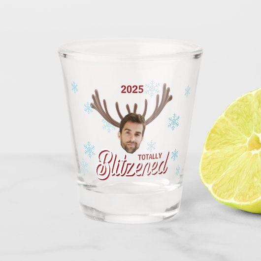 Grappige foto gezicht Blitzened Kerst aangepast ca Shot Glas (Voorkant)