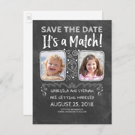 Grappige foto Sla de datum op - Het is een match Aankondigingskaart (Voorkant / Achterkant)