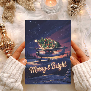 Grappige foto van een vintage vliegtuig en kerstbo feestdagenkaart