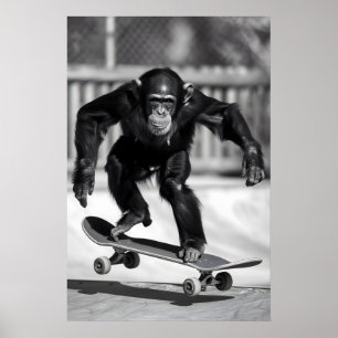 Grappige foto van skateboardende aap AI Dierenmuur Poster