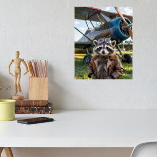 Grappige foto van wasbeer piloot vliegtuig met Ker Poster