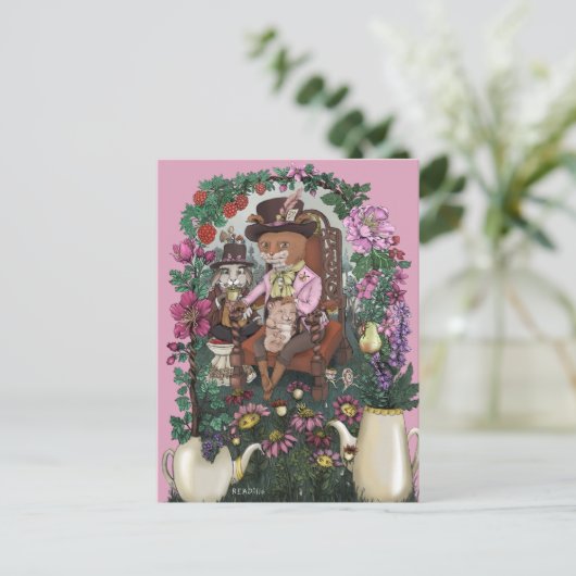 Grappige Fox Mad Hatter Alice in Wonderland Art Briefkaart (Staand voorkant)
