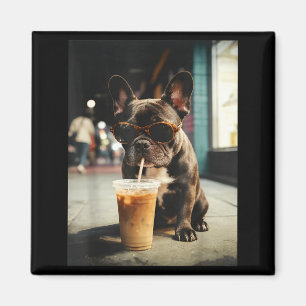 Grappige Franse buldog die ijskoude koffie drinkt Magneet