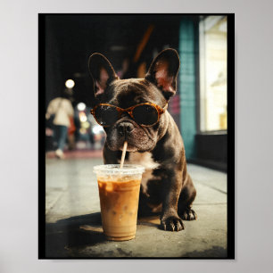 Grappige Franse buldog drinkt ijskoude koffie koel Poster